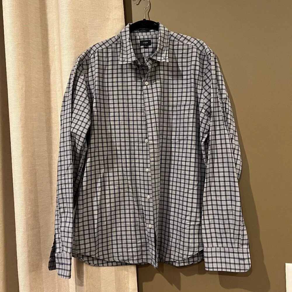J Crew Slim Fit Blue Check Button Down Men's Long Sleeve Dress Shirt, Size Large